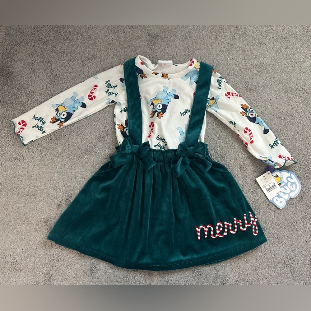 Bluey Christmas Apron Dress With Longsleeve Lettuce Trim Top Velour Skirt